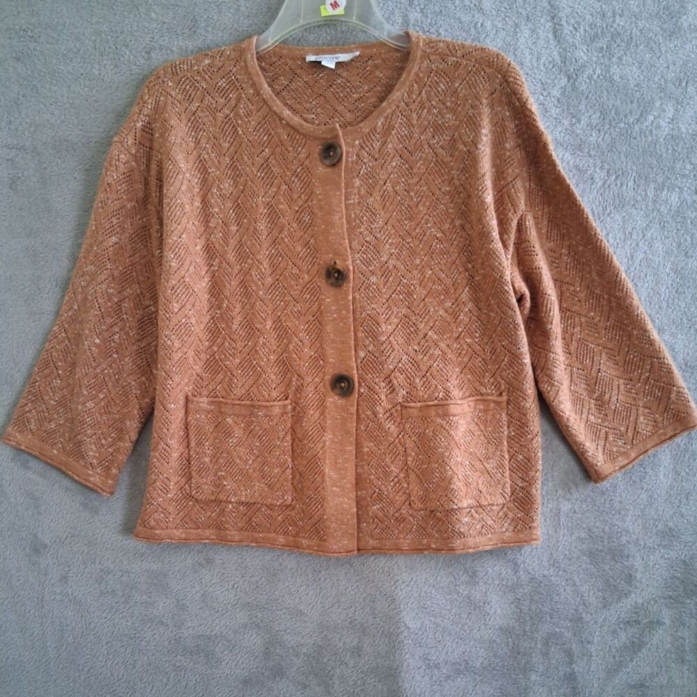 Chicos Cardigan Sz 1 Medium Tweed Cropped Boxy Crochet Orange Coastal Beachy